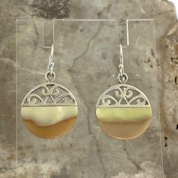 Sterling Silver 925 Round Mother Of Pearl MOP Scrollwork Accent Dangle Earrings - Picture 2 of 16